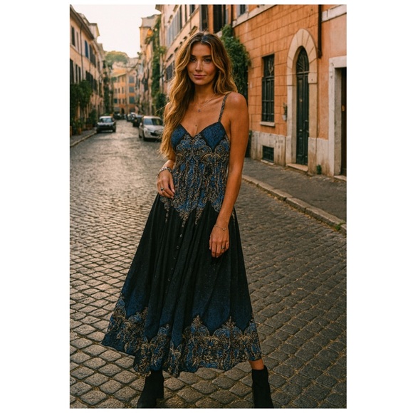 Free People Dresses & Skirts - FREE PEOPLE Black Blue Boho Printed Sleeveless Button Front Maxi Dress Small